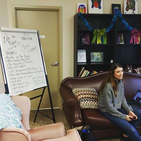 Tabitha Rose at the first Life to Paper workshop in a treatment centre, 2017